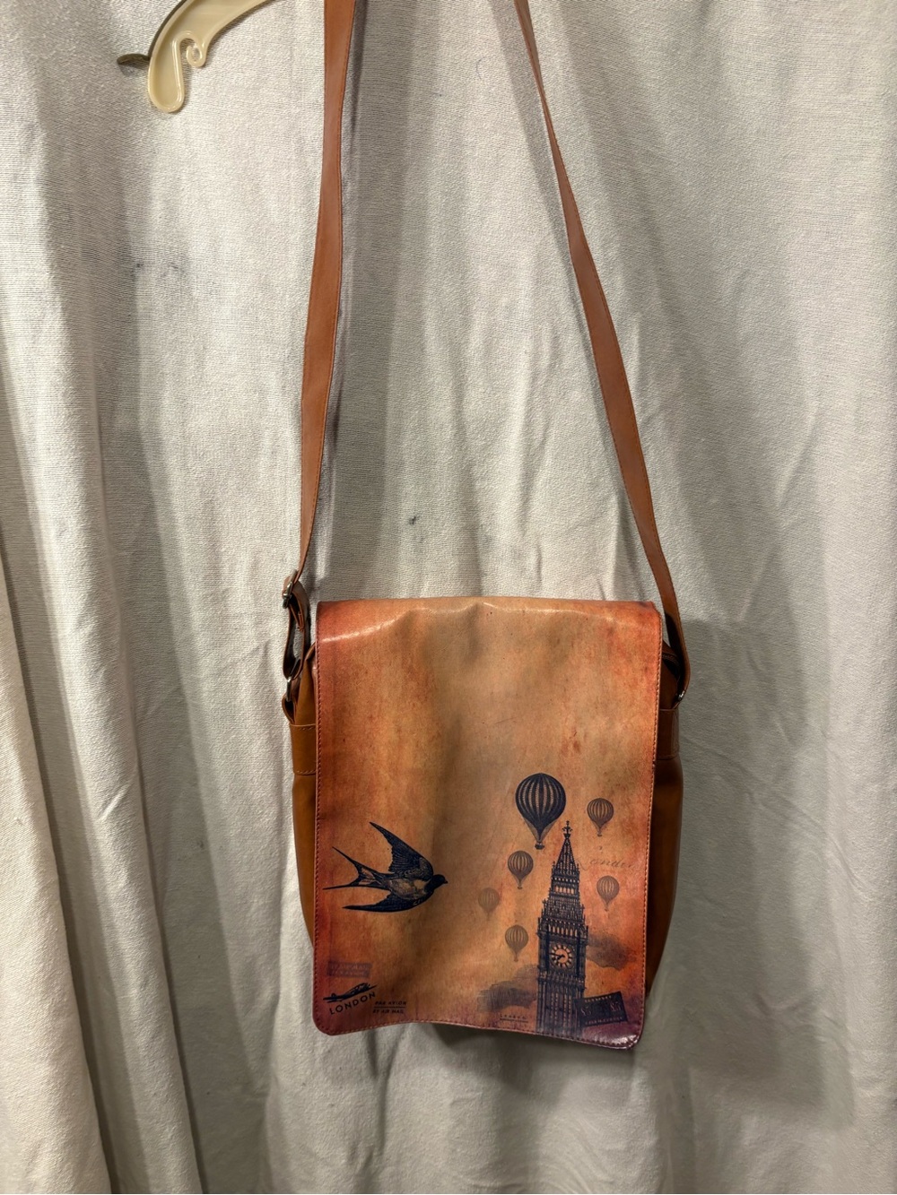 London Leather Crossbody Messenger Bag in Brown with Printed Design